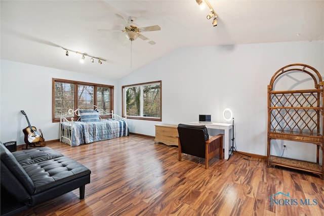 bedroom featuring ceiling fan, hardwood / wood-style floors, rail lighting, and lofted ceiling