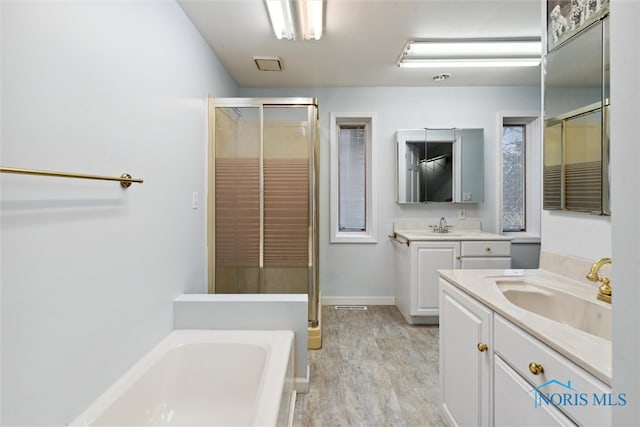 bathroom featuring plus walk in shower, vanity, and hardwood / wood-style flooring