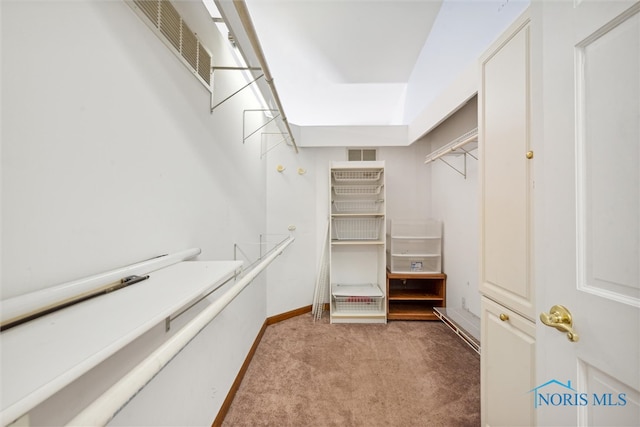 walk in closet featuring light carpet