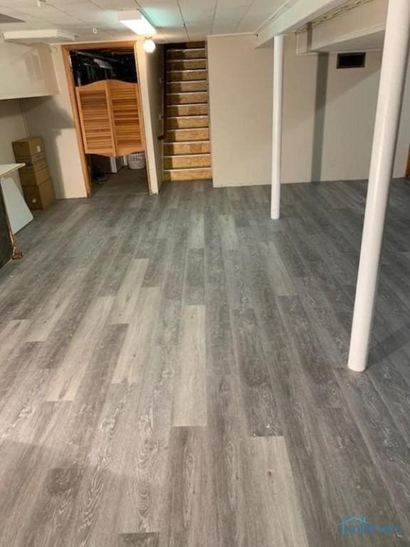 basement featuring dark hardwood / wood-style flooring