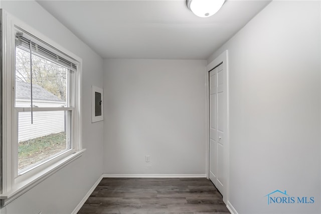 spare room with dark hardwood / wood-style flooring, electric panel, and plenty of natural light