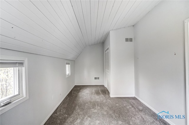 bonus room with a wealth of natural light, wooden ceiling, and lofted ceiling