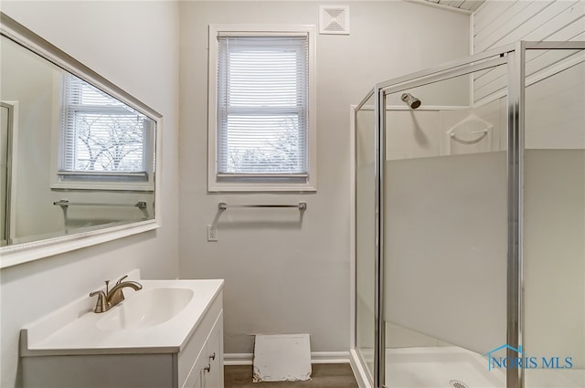 bathroom with vanity, walk in shower, and a healthy amount of sunlight