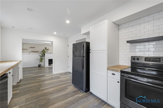 kitchen featuring black appliances, dark hardwood / wood-style flooring, and white cabinetry