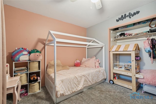 bedroom featuring ceiling fan and carpet floors