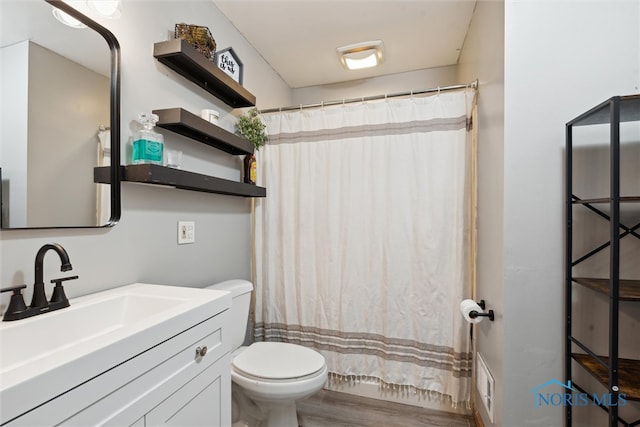 bathroom with vanity, toilet, and wood-type flooring