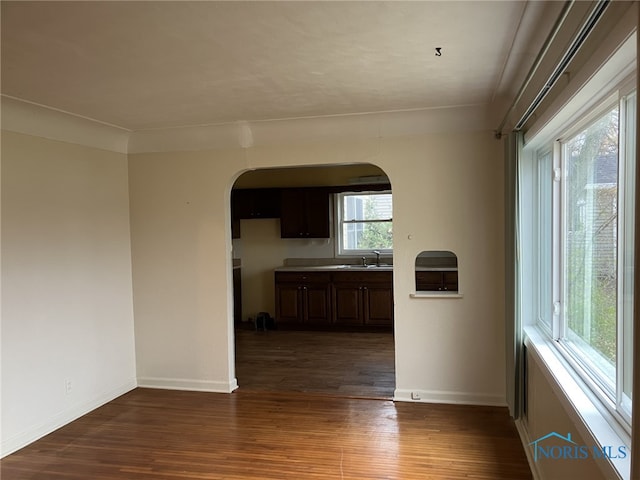 empty room with dark hardwood / wood-style flooring and sink