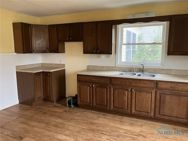 kitchen featuring dark brown cabinetry, light hardwood / wood-style flooring, and sink