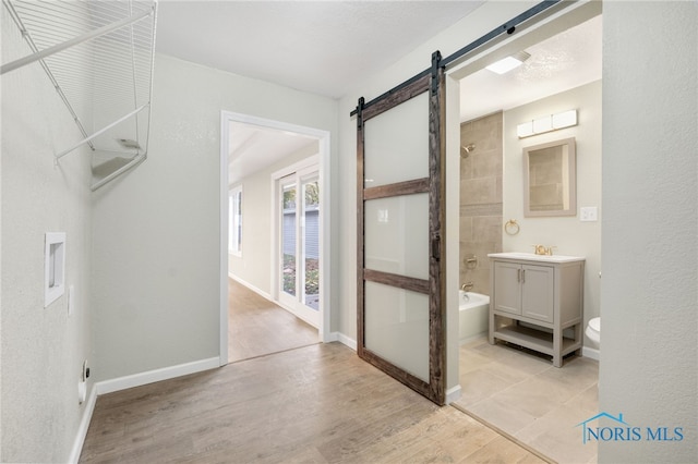 corridor featuring a barn door, light hardwood / wood-style floors, and sink