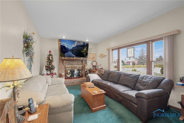 living room featuring a fireplace and dark colored carpet