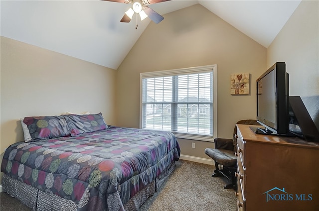 carpeted bedroom featuring high vaulted ceiling and ceiling fan