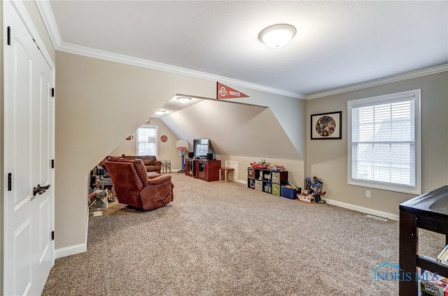 playroom with carpet flooring, vaulted ceiling, and ornamental molding