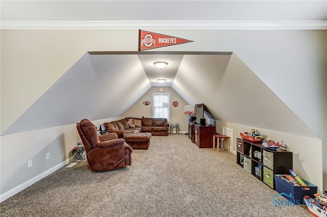 interior space with crown molding, carpet floors, and vaulted ceiling