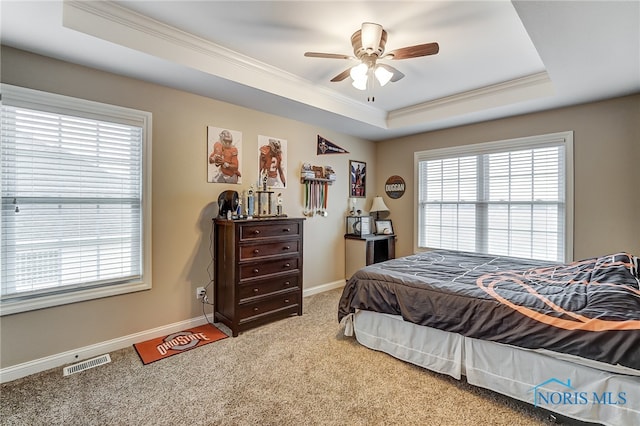 bedroom featuring a raised ceiling, ceiling fan, carpet flooring, and ornamental molding