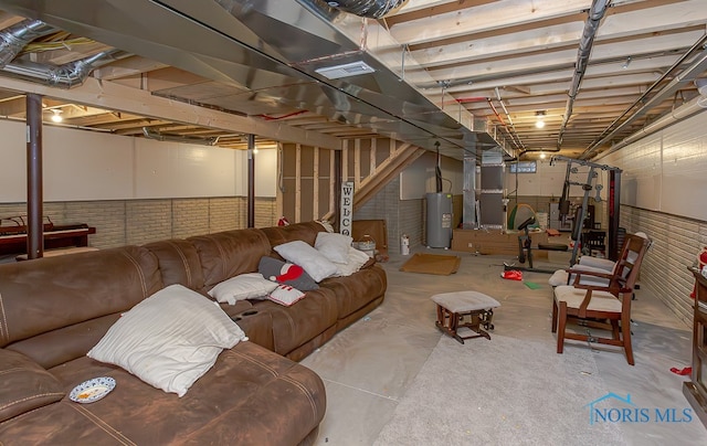 basement with heating unit and water heater