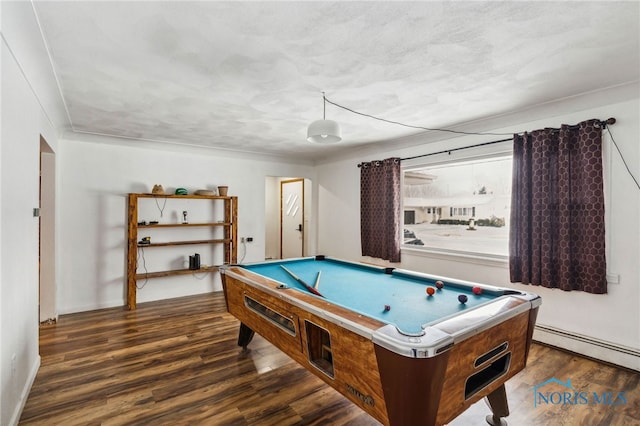 rec room featuring dark hardwood / wood-style flooring, a baseboard radiator, and billiards