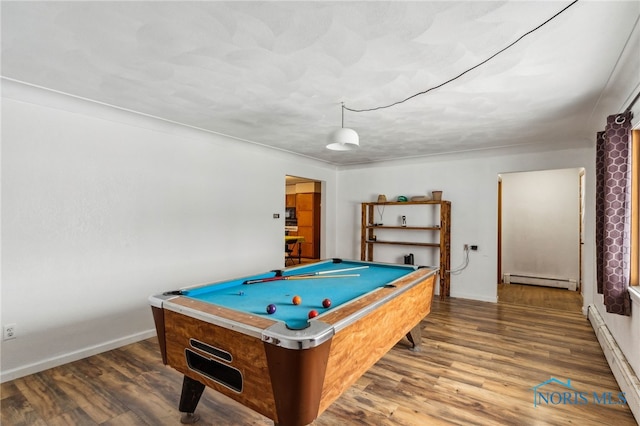 rec room with wood-type flooring, pool table, and a baseboard radiator