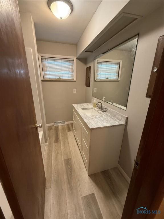 bathroom with hardwood / wood-style floors and vanity