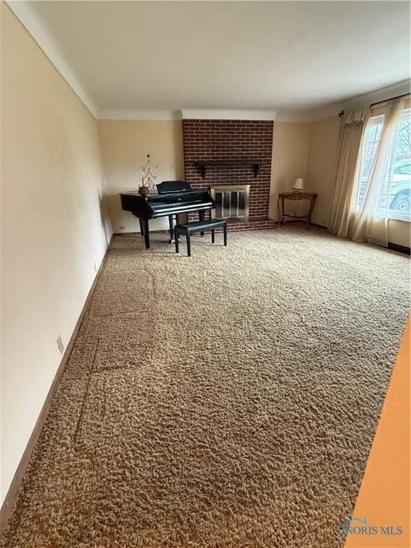 miscellaneous room featuring carpet and a fireplace