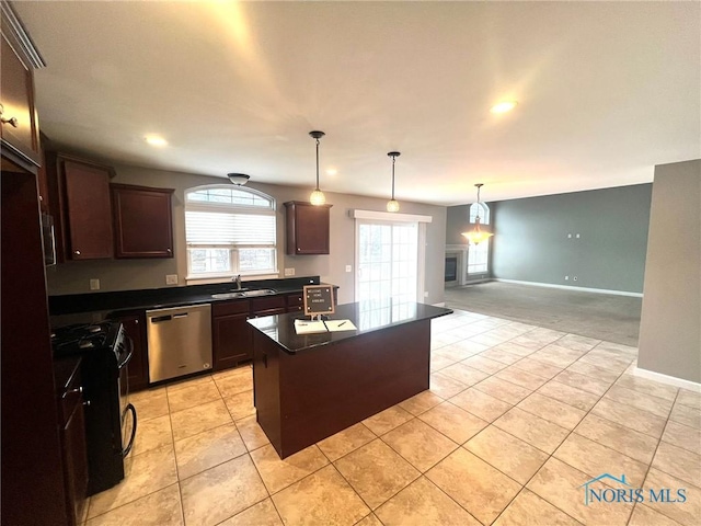 kitchen with light tile patterned flooring, black stove, sink, a center island, and stainless steel dishwasher