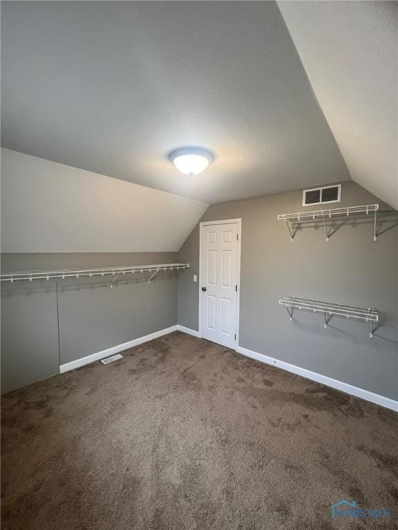 additional living space featuring vaulted ceiling and carpet flooring