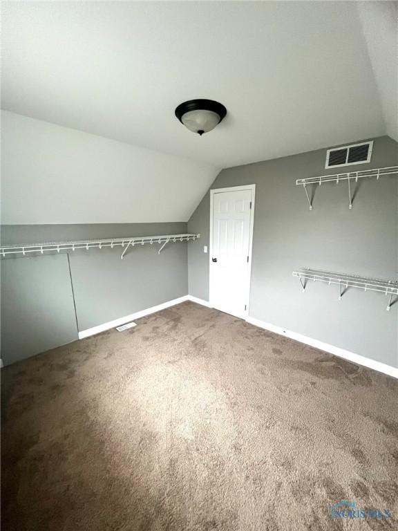 walk in closet featuring carpet floors and vaulted ceiling