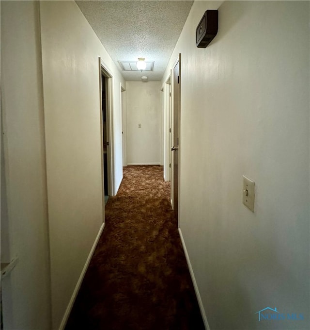 corridor featuring carpet and a textured ceiling