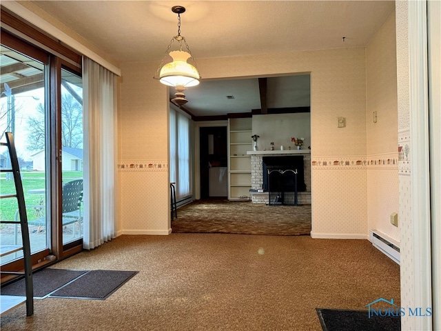 interior space featuring a fireplace and a baseboard radiator