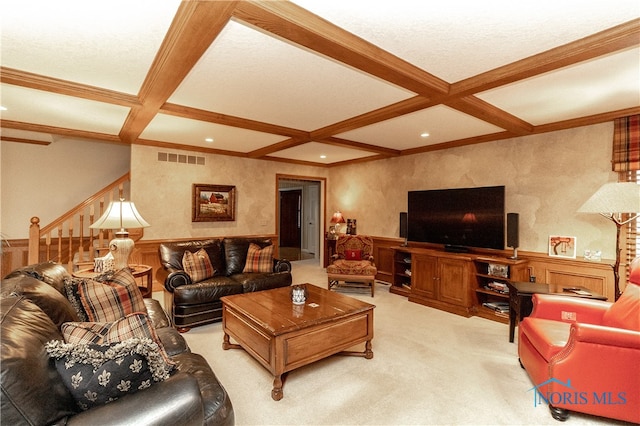 living room featuring carpet floors, beamed ceiling, and coffered ceiling