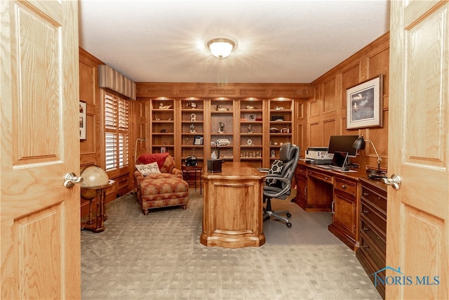 office featuring wood walls and light colored carpet