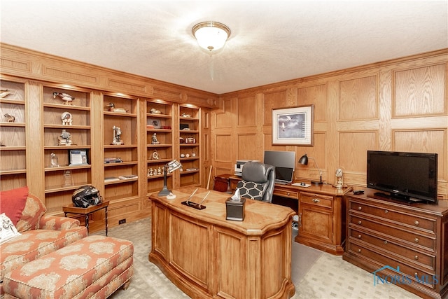 home office with light colored carpet and a textured ceiling