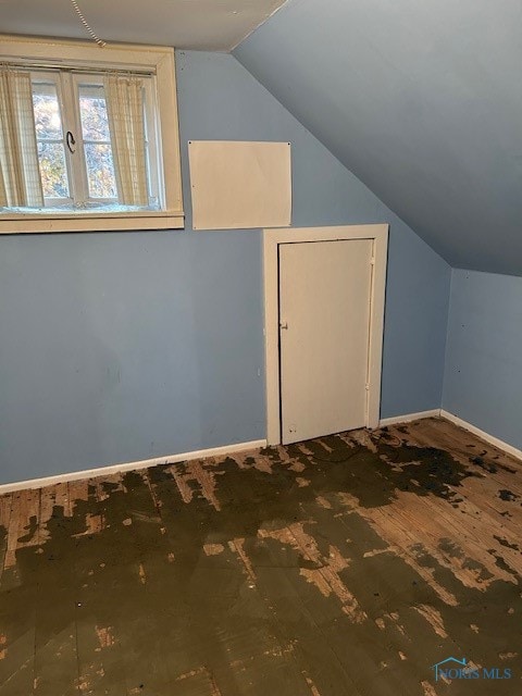 additional living space with hardwood / wood-style flooring and vaulted ceiling