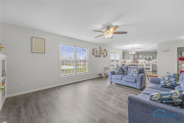 living room with wood-type flooring and ceiling fan