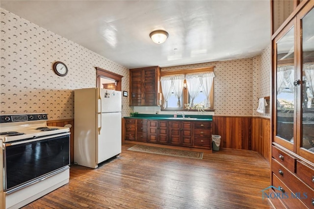 kitchen featuring dark hardwood / wood-style floors, wood walls, white appliances, and sink