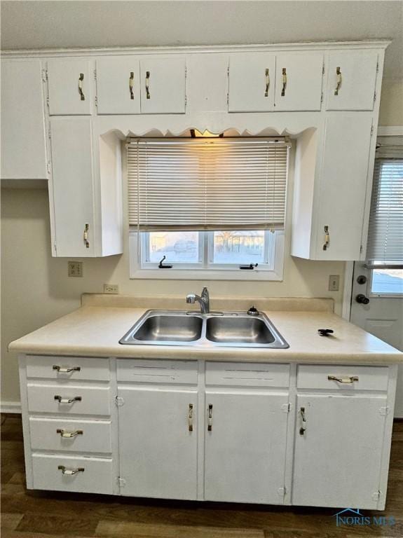 kitchen with white cabinets, dark hardwood / wood-style flooring, and sink