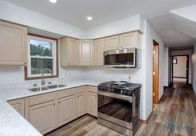 kitchen with light brown cabinetry, sink, dark wood-type flooring, and appliances with stainless steel finishes