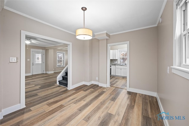 unfurnished dining area featuring hardwood / wood-style floors, plenty of natural light, ceiling fan, and crown molding