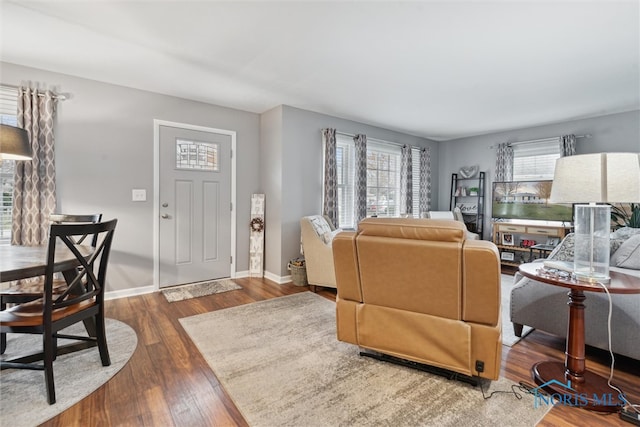 living room with dark hardwood / wood-style floors