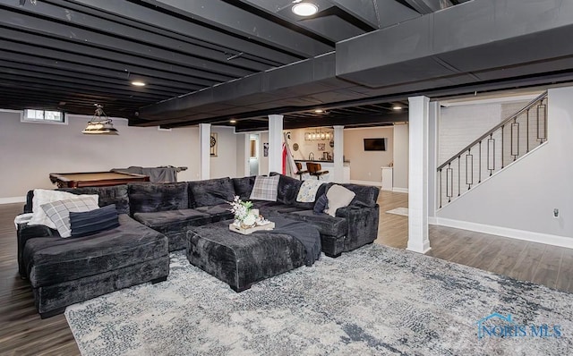 living room with dark wood-type flooring