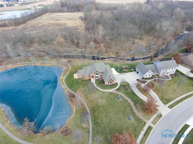 drone / aerial view with a water view