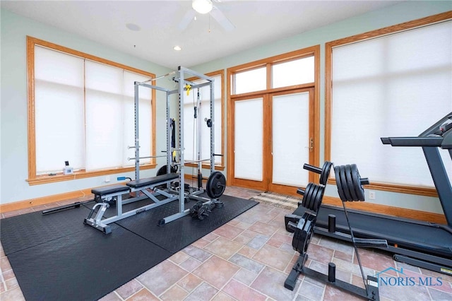 workout area with ceiling fan