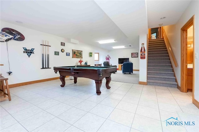 game room with light tile patterned floors and pool table