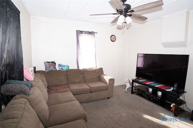 living room featuring carpet flooring, ceiling fan, and ornamental molding