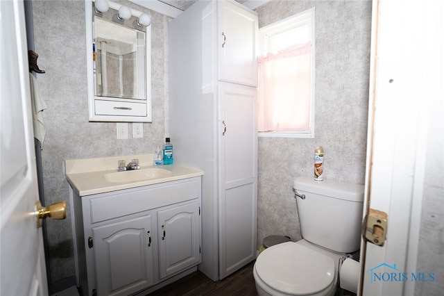 bathroom with vanity, toilet, and wood-type flooring