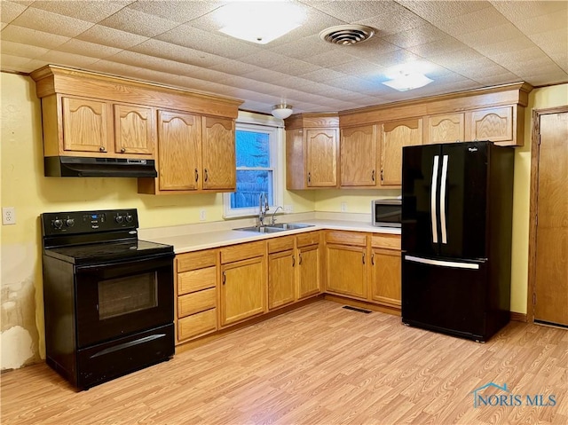 kitchen with sink, light hardwood / wood-style floors, and black appliances