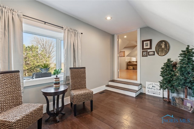 living area featuring vaulted ceiling and dark hardwood / wood-style floors