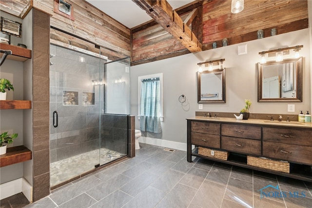 bathroom featuring tile patterned floors, an enclosed shower, toilet, wooden walls, and vanity