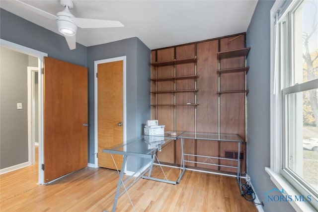 unfurnished office featuring ceiling fan and light hardwood / wood-style floors