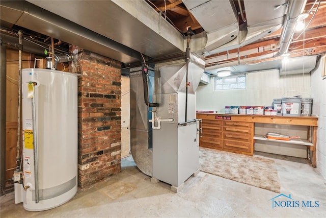 basement with gas water heater and heating unit