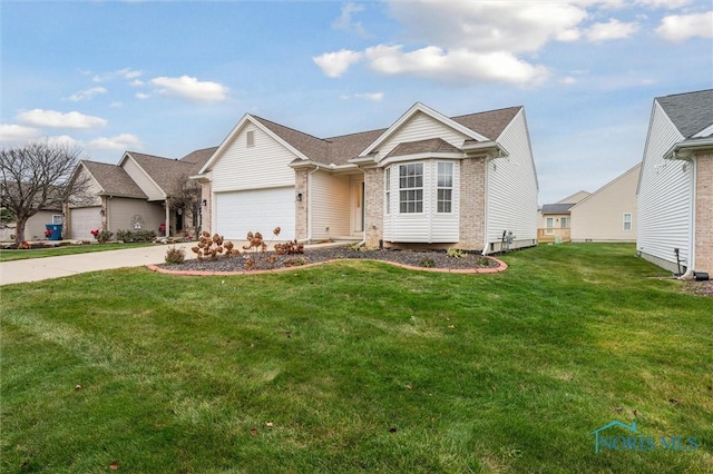 ranch-style house featuring a garage and a front yard